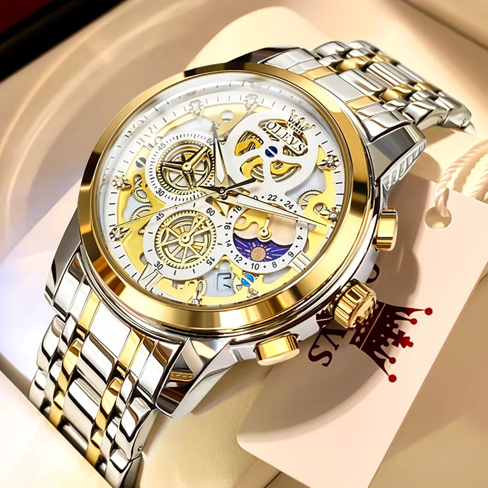 Waterproof Quartz Watch for Man Gold Skeleton Style