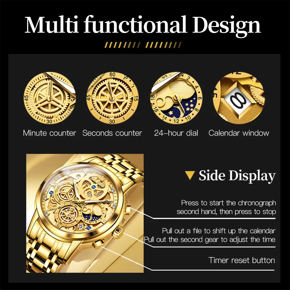 Waterproof Quartz Watch for Man Gold Skeleton Style