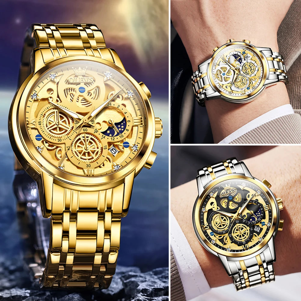 Waterproof Quartz Watch for Man Gold Skeleton Style