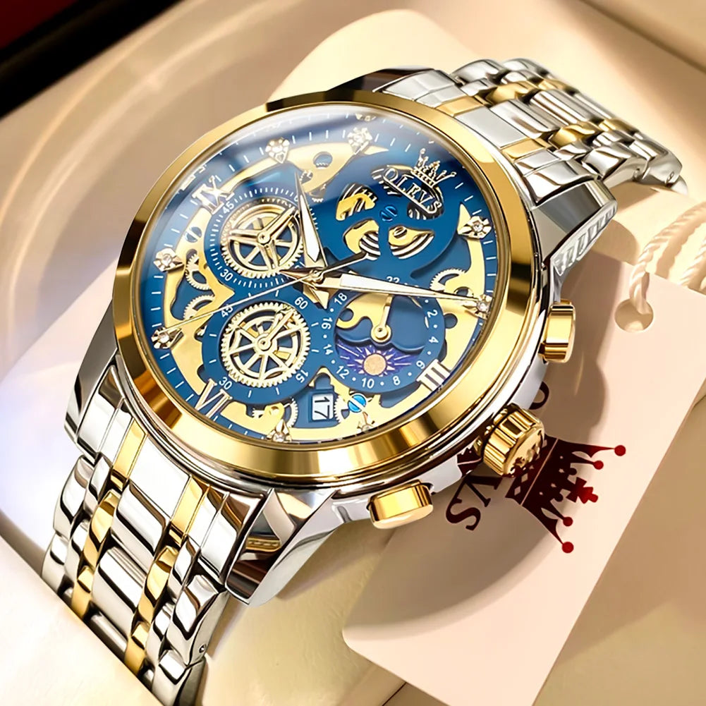Waterproof Quartz Watch for Man Gold Skeleton Style