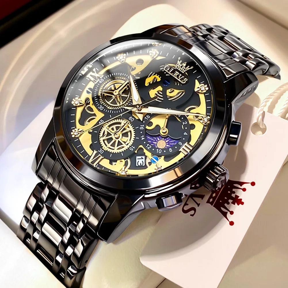 Waterproof Quartz Watch for Man Gold Skeleton Style
