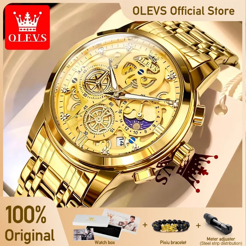 Waterproof Quartz Watch for Man Gold Skeleton Style