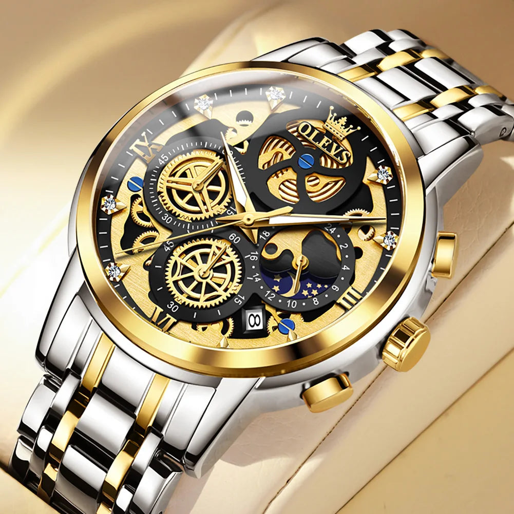 Waterproof Quartz Watch for Man Gold Skeleton Style