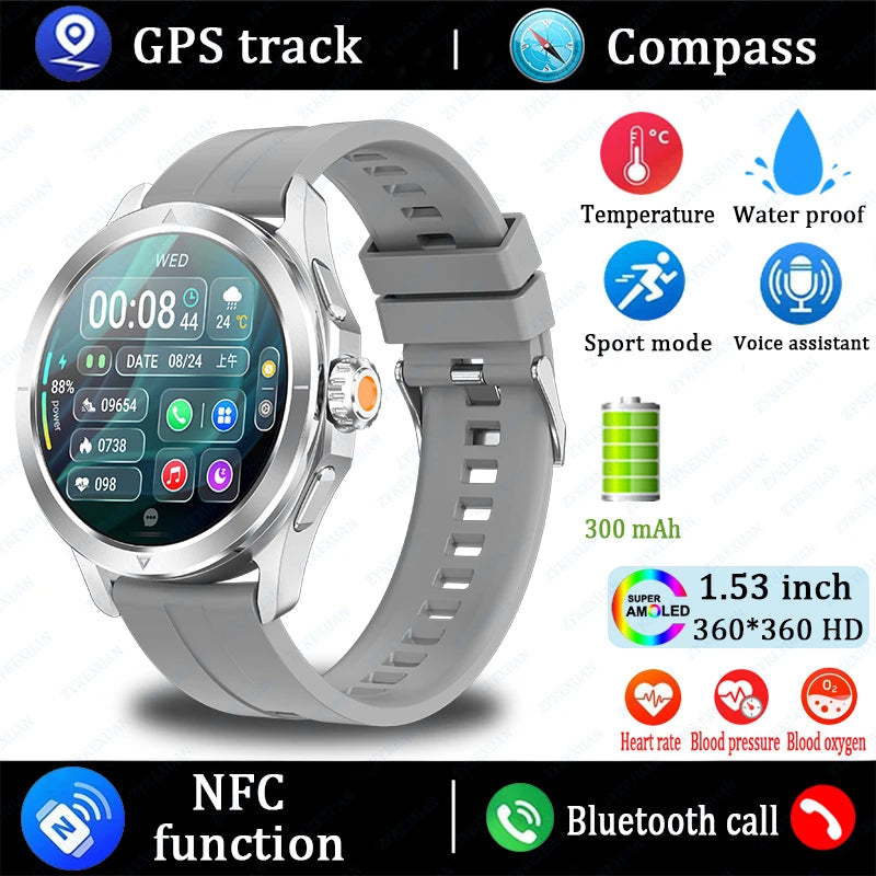 S4 Ultra Outdoor Sports Smart Watch  AMOLED Screen NFC GPS Compass Heart rate Waterproof Bluetooth Call SmartWatch