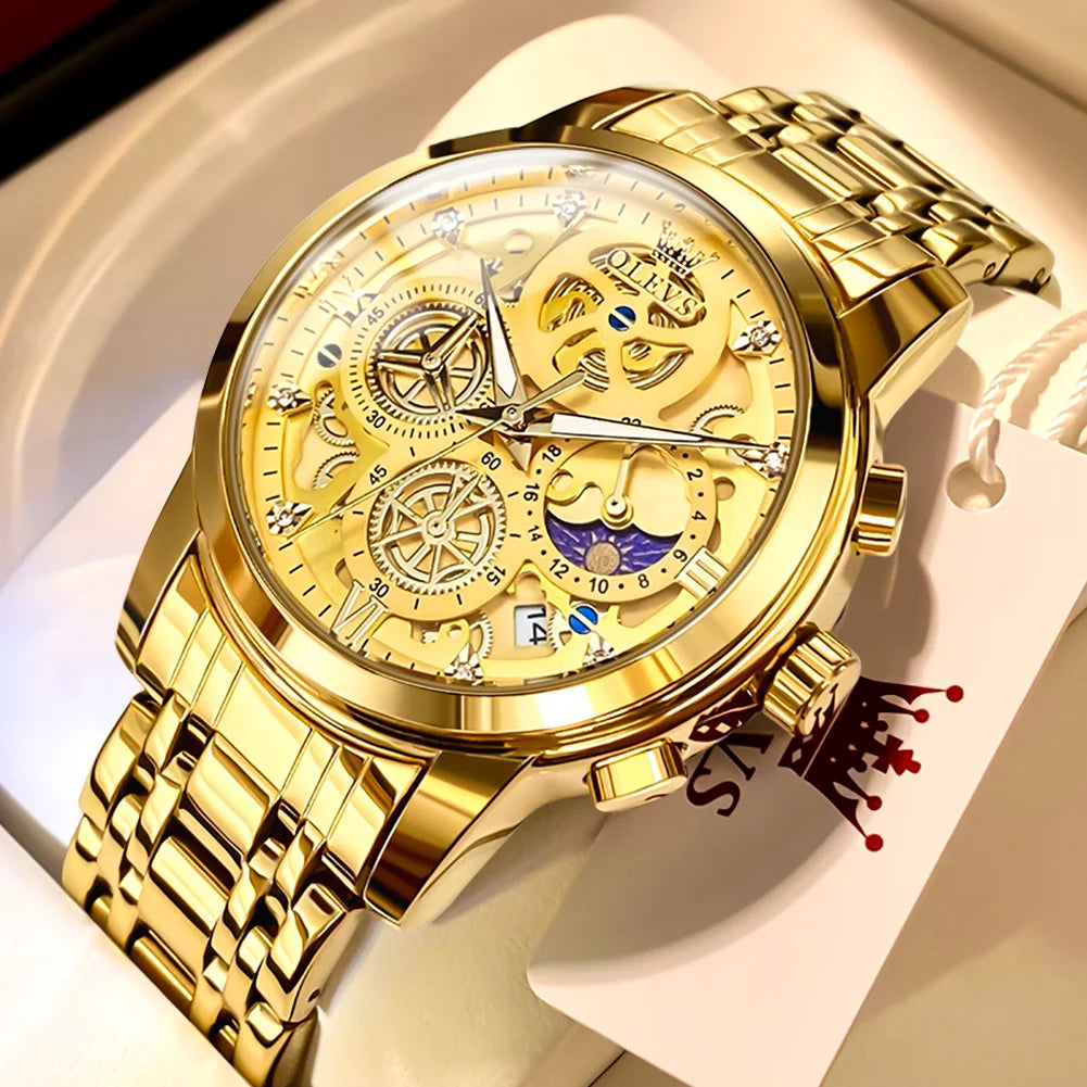 Waterproof Quartz Watch for Man Gold Skeleton Style