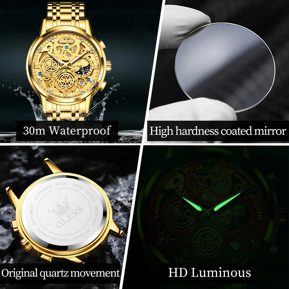 Waterproof Quartz Watch for Man Gold Skeleton Style
