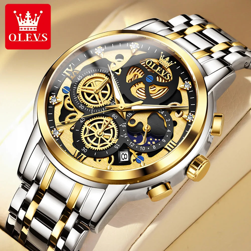 Waterproof Quartz Watch for Man Gold Skeleton Style