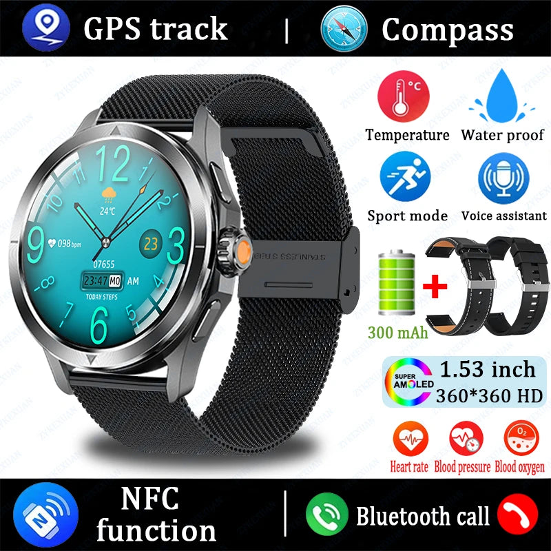 S4 Ultra Outdoor Sports Smart Watch  AMOLED Screen NFC GPS Compass Heart rate Waterproof Bluetooth Call SmartWatch